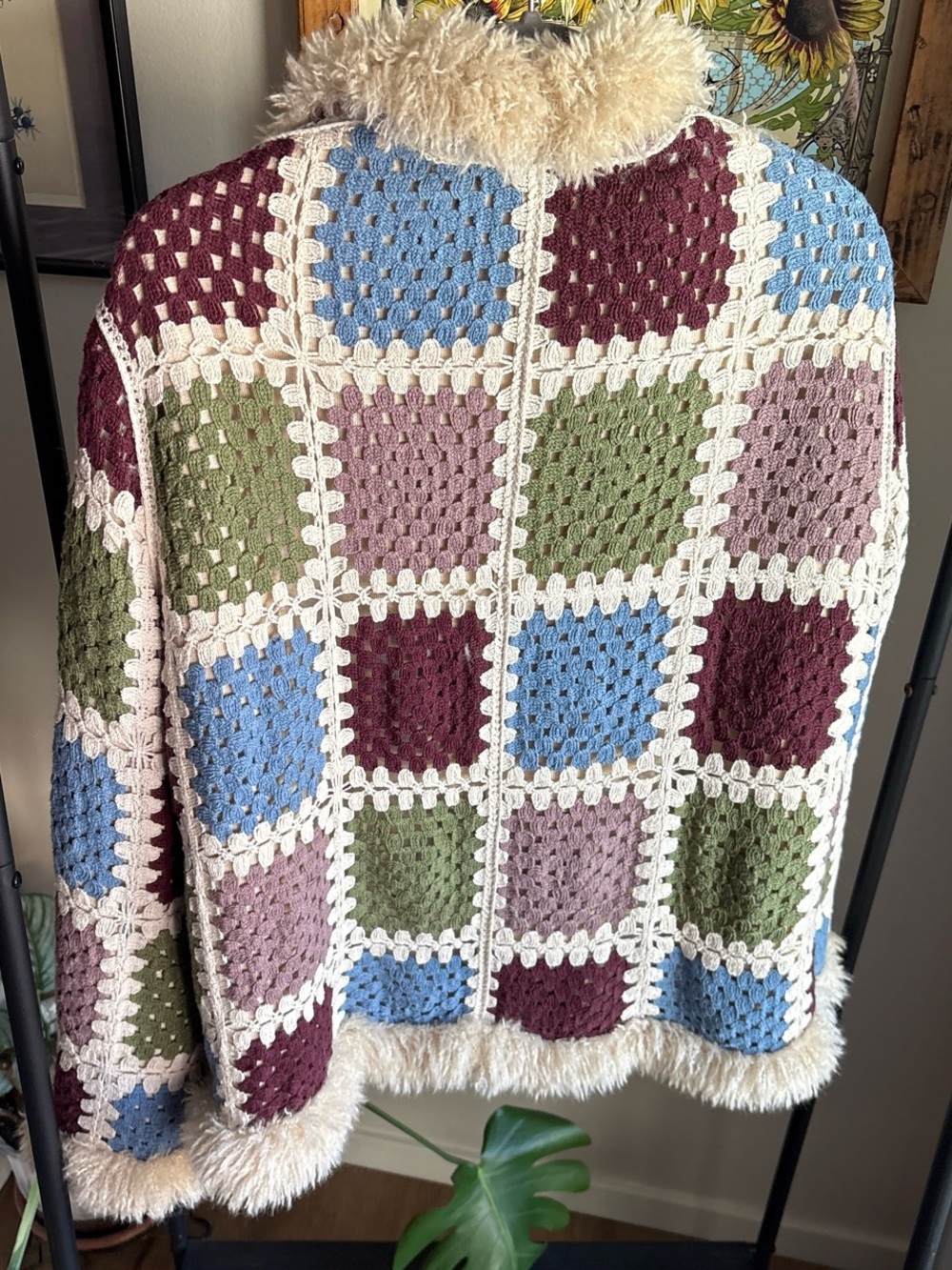 Patchwork Crochet Jacket with Faux Fur Trim - Multicolor - Picture 5 of 5